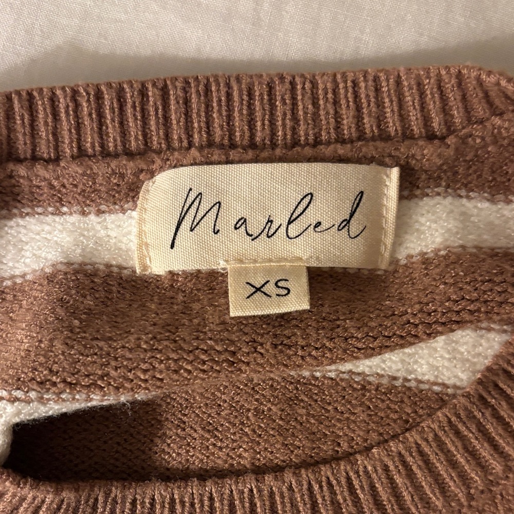 Marled Women's Striped Tan and Cream Sweater with Red Detail